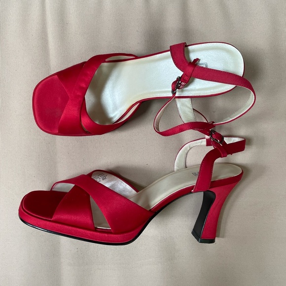 bp Shoes - BP. Square Toe Strappy Satin Heeled Sandals Red 8